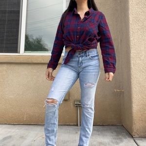 Lucid-Pink Burgundy and Blue Plaid Shirt Dress Size M